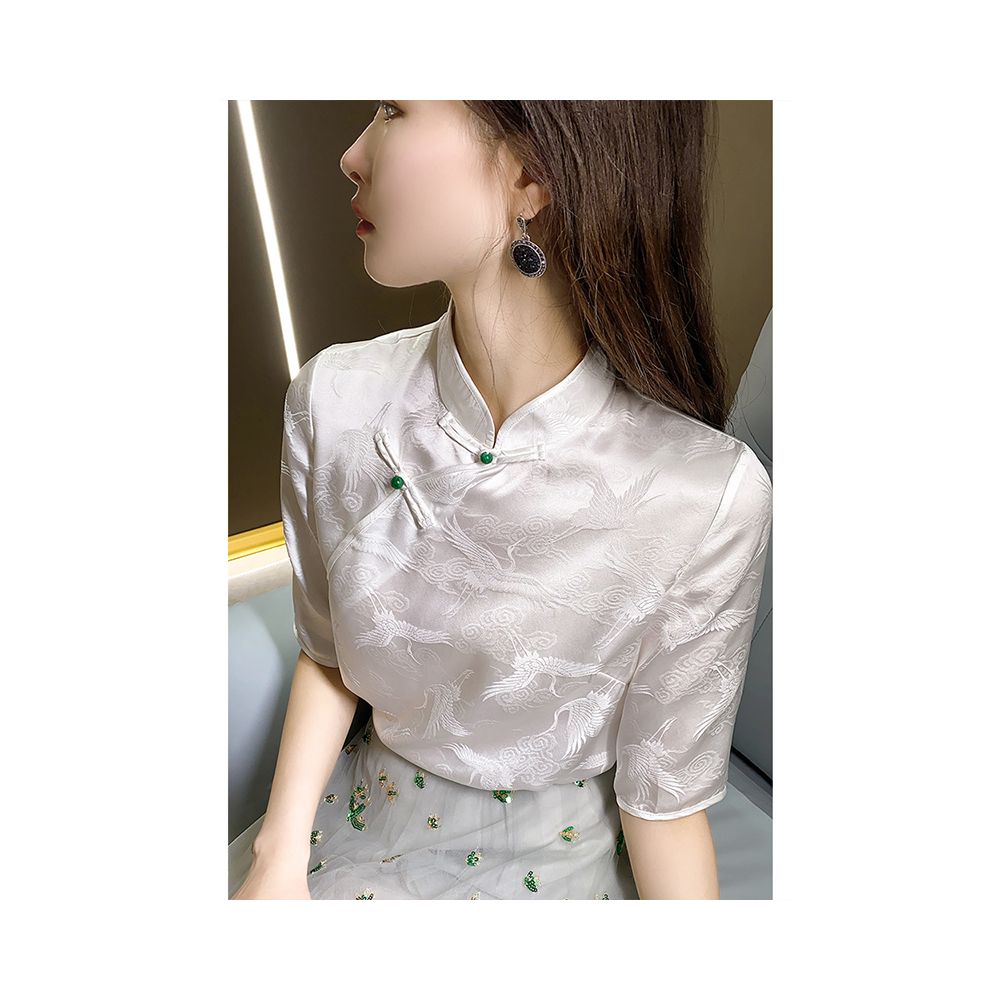 Heavy Industry Jacquard Heavy duty Silk Short sleeved Shirt Women s Summer Retro Buckle White Crane 2024 New Top image 11