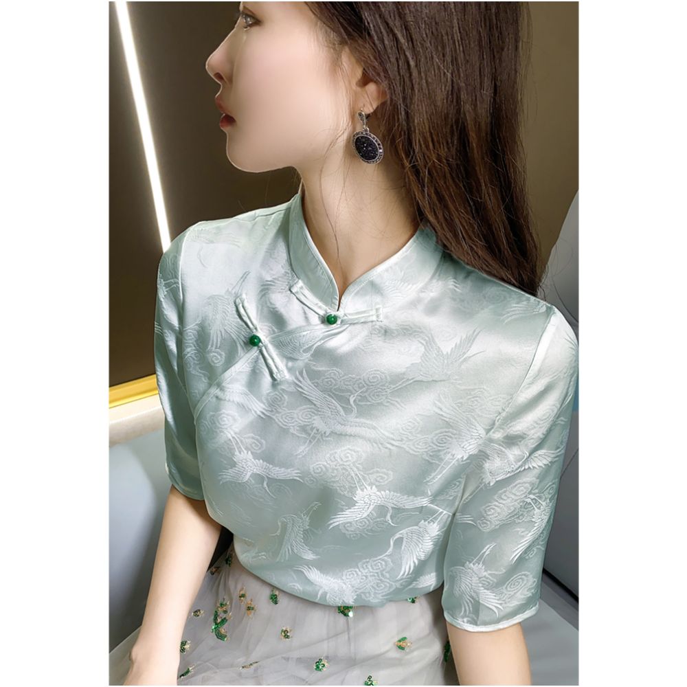 Heavy Industry Jacquard Heavy duty Silk Short sleeved Shirt Women s Summer Retro Buckle White Crane 2024 New Top image 23