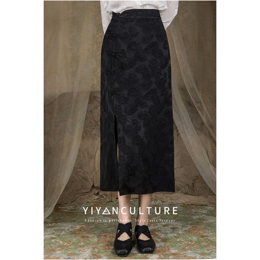 Asaya757  - YY Yiyan New Chinese style Acetic Acid Satin Jacquard Half length Skirt with Chinese style Retro Buckle and Fork High Waist Design Children s Dress
