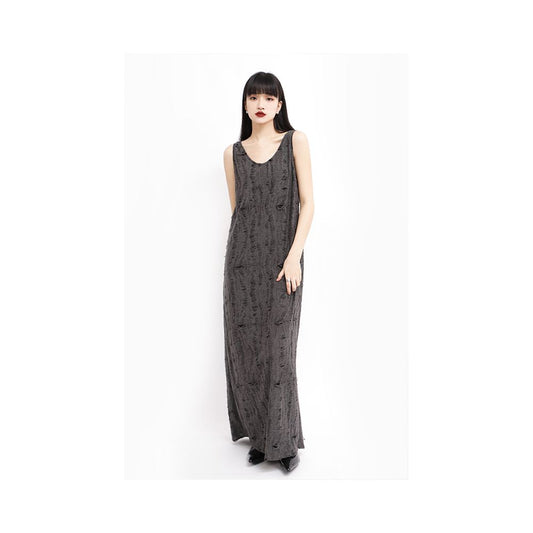 Asaya739 - APOZi Landscape Series Grey Hole Loose Strap Dress for Women Tall and Elegant Long Skirt Zixia New Style