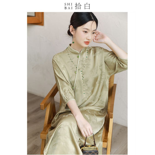 Asaya731 - SHIBAI White New Chinese Original Summer Improvement Cheongsam Style Simple and Elegant Standing Collar Long Dress