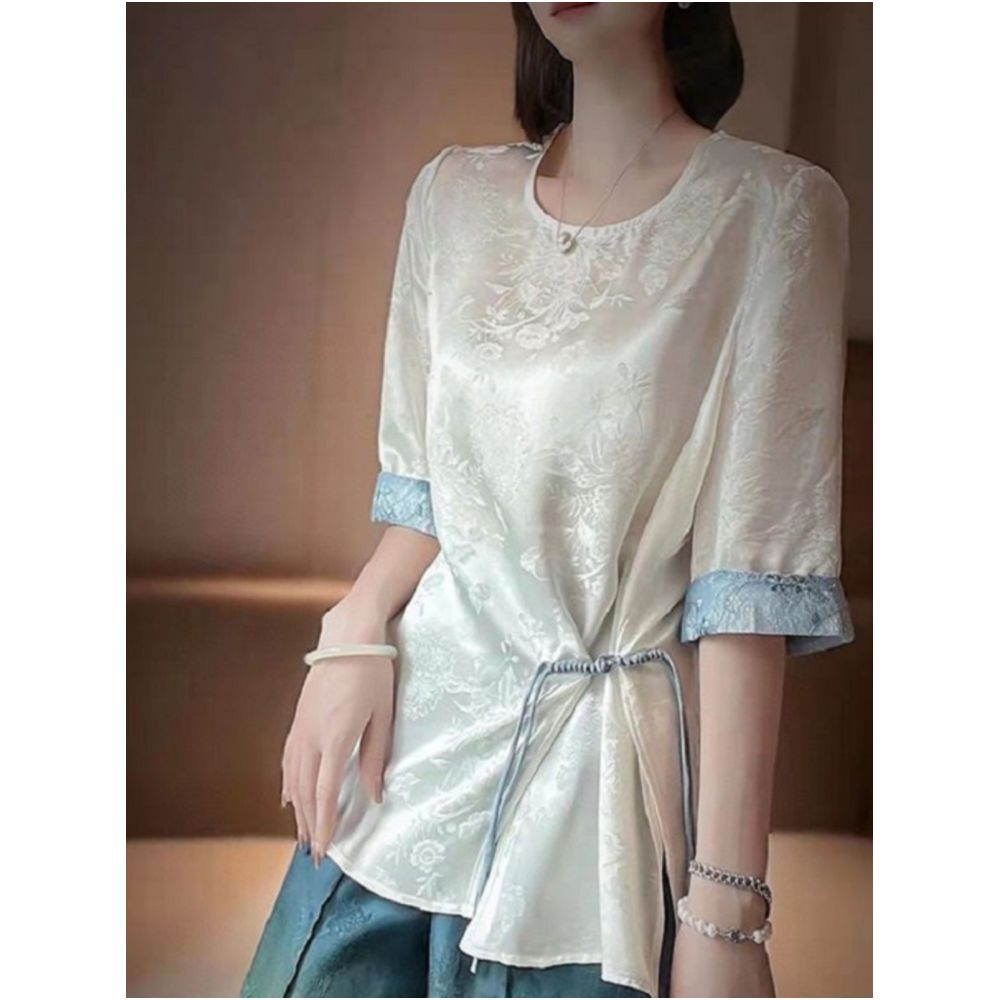 New Chinese style irregular waist slimming shirt new Chinese style loose jacquard mid sleeved Hanfu round neck top with button closure image 2