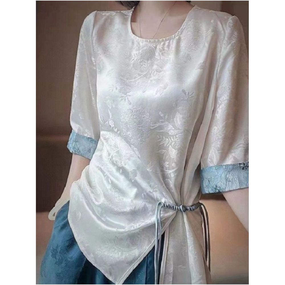 New Chinese style irregular waist slimming shirt new Chinese style loose jacquard mid sleeved Hanfu round neck top with button closure image 3
