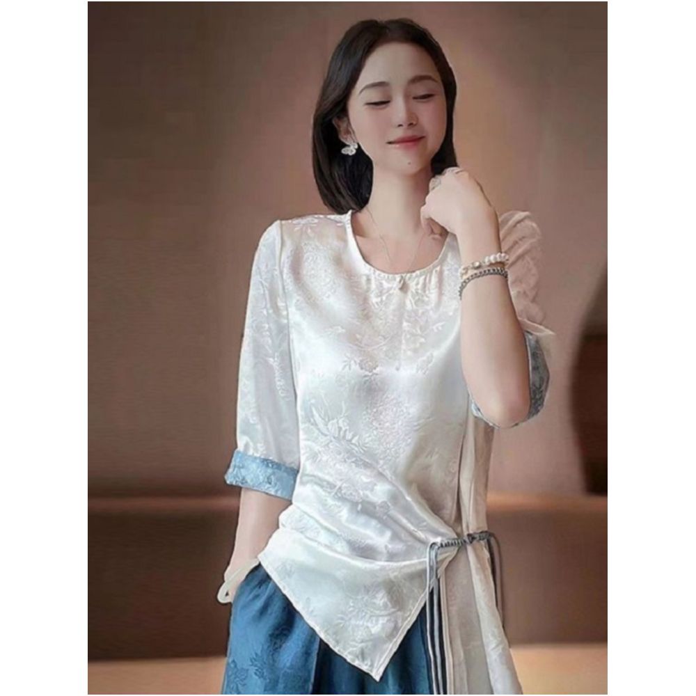 New Chinese style irregular waist slimming shirt new Chinese style loose jacquard mid sleeved Hanfu round neck top with button closure image 4