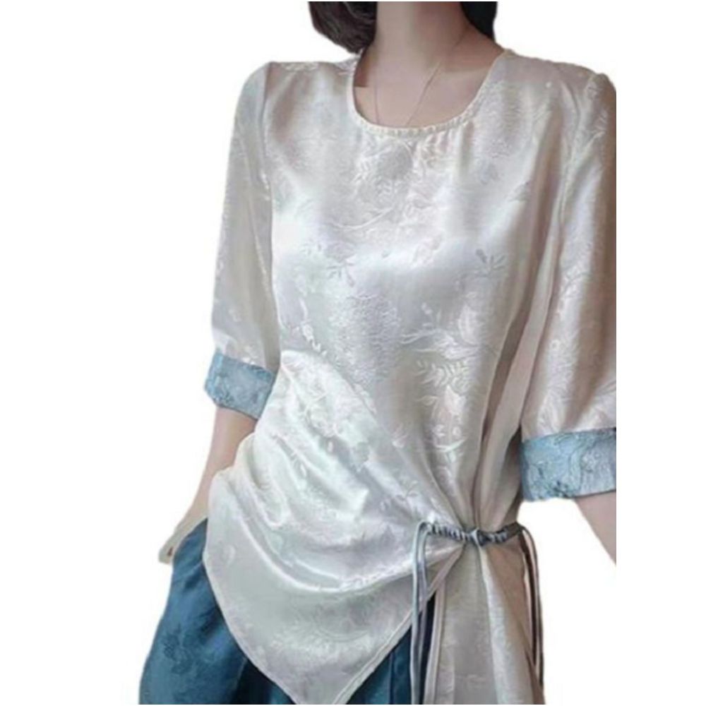 New Chinese style irregular waist slimming shirt new Chinese style loose jacquard mid sleeved Hanfu round neck top with button closure image 5