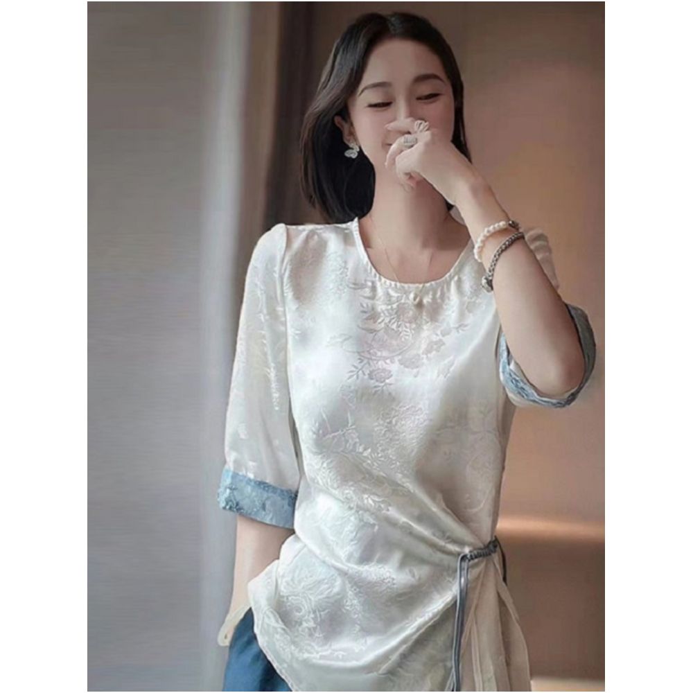 New Chinese style irregular waist slimming shirt new Chinese style loose jacquard mid sleeved Hanfu round neck top with button closure image 0