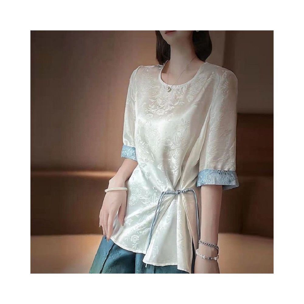 New Chinese style irregular waist slimming shirt new Chinese style loose jacquard mid sleeved Hanfu round neck top with button closure image 10
