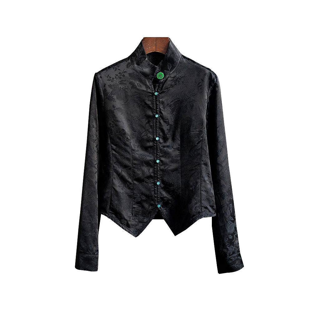 Chinese style retro jacquard long sleeved shirt for women 2025 spring and autumn national trend new Chinese style jacquard slim fit top for women image 5