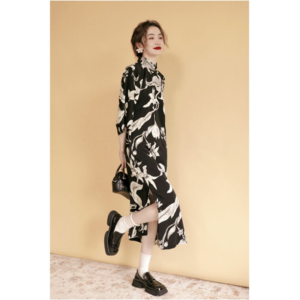 Plus size women s clothing 2025 spring and summer Chinese style split black modified cheongsam fat mm slimming dress Chinese style image 2