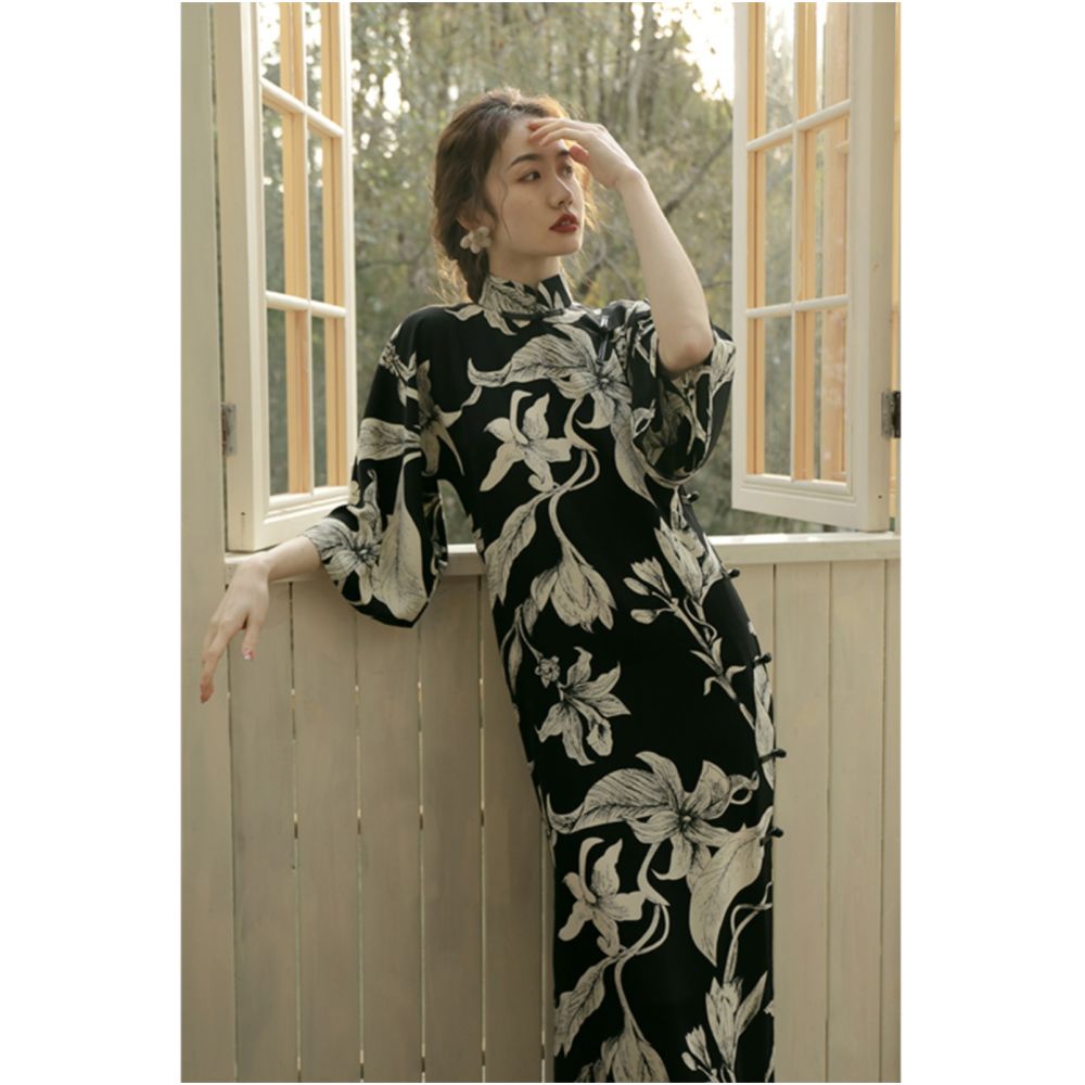 Plus size women s clothing 2025 spring and summer Chinese style split black modified cheongsam fat mm slimming dress Chinese style image 3