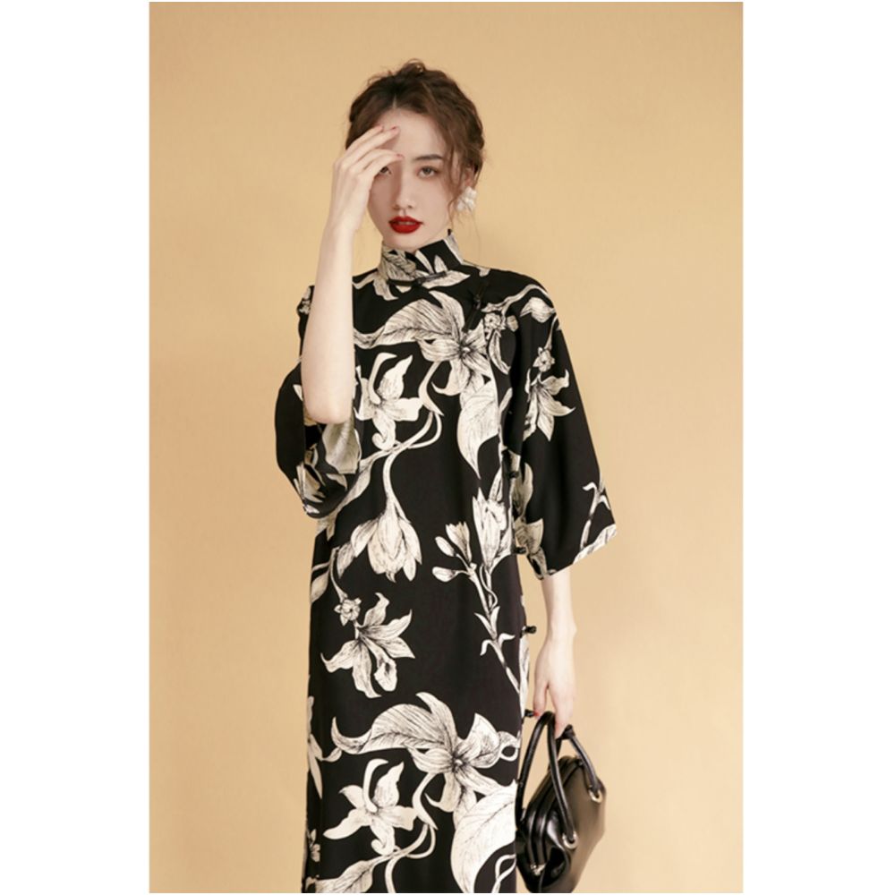 Plus size women s clothing 2025 spring and summer Chinese style split black modified cheongsam fat mm slimming dress Chinese style image 4