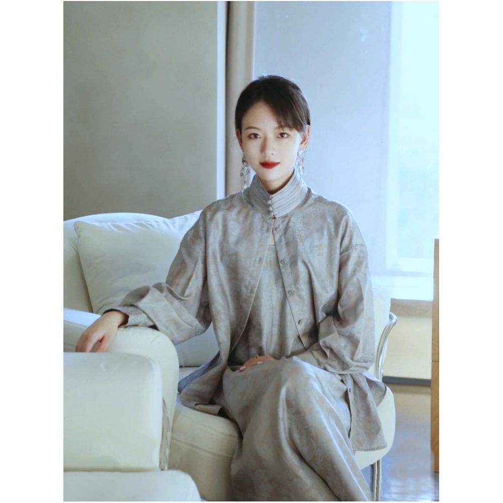 WINNI CELH Spring Summer New Chinese Stand up Collar Jacquard Buckle Loose Edition Shirt Strap Dress Set image 2