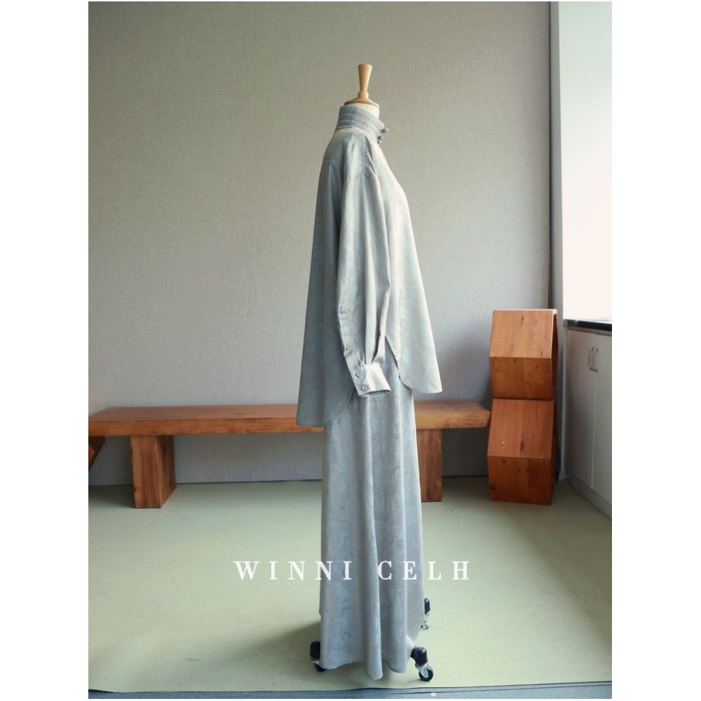 WINNI CELH Spring Summer New Chinese Stand up Collar Jacquard Buckle Loose Edition Shirt Strap Dress Set image 5