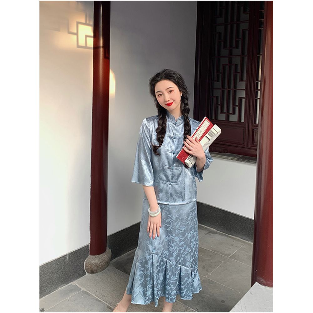 Lujin Homemade Painting Fan Retro Satin National Style Girl Retro Bottom Skirt New Chinese Blue Green image 2
