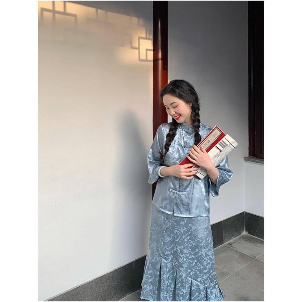 Lujin Homemade Painting Fan Retro Satin National Style Girl Retro Bottom Skirt New Chinese Blue Green image 4