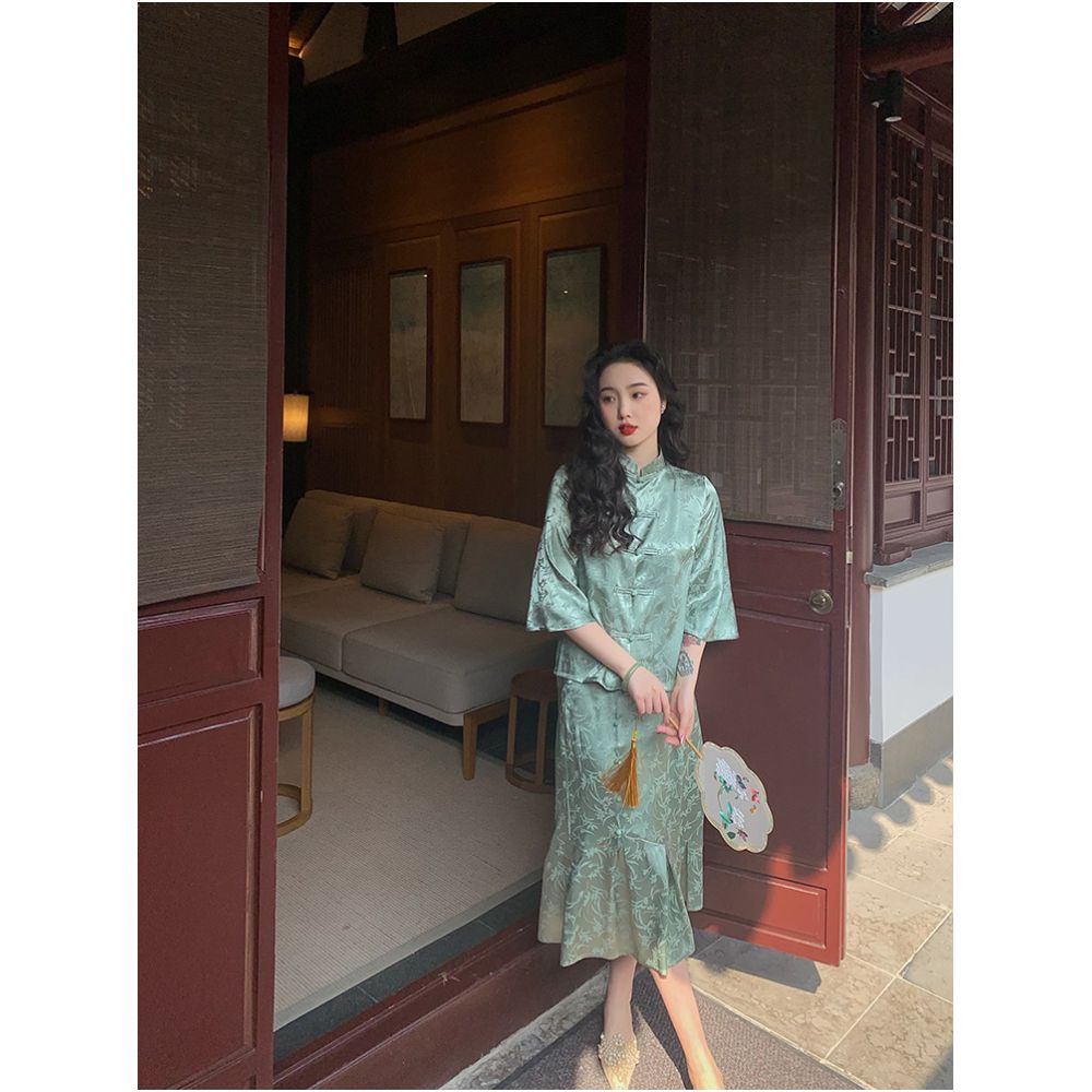 Lujin Homemade Painting Fan Retro Satin National Style Girl Retro Bottom Skirt New Chinese Blue Green image 12
