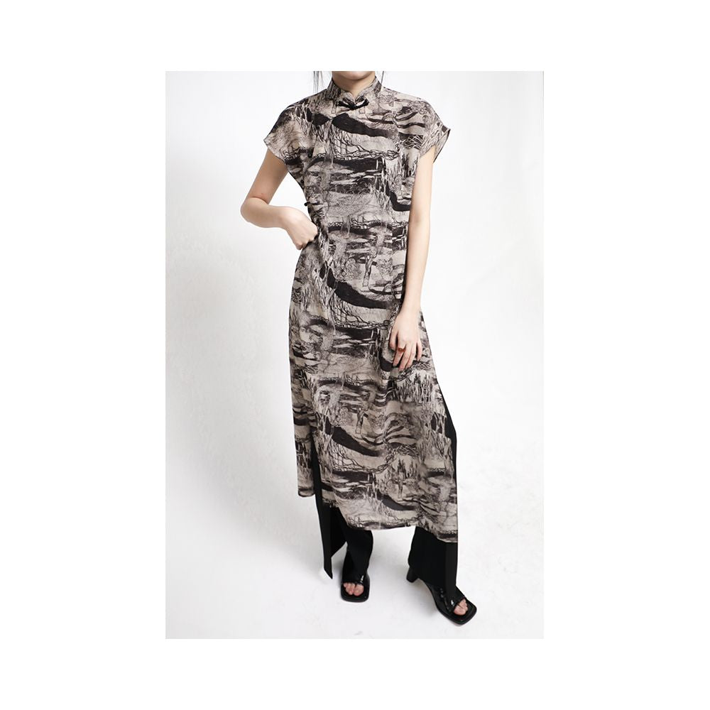 APOZi Ink Mark Series New Chinese style High slit Improved Cheongsam Dress Women s Abstract Printed Retro Long Dress image 2