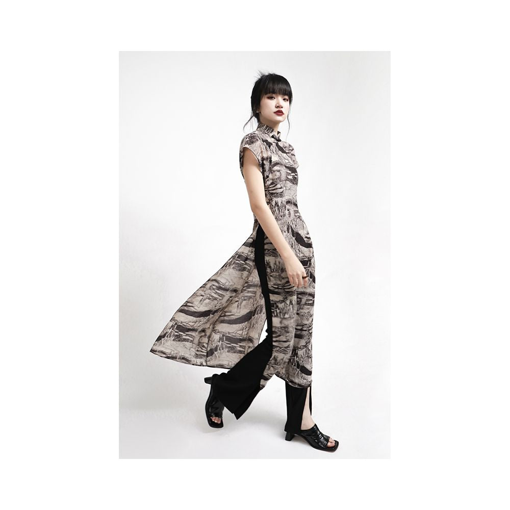 APOZi Ink Mark Series New Chinese style High slit Improved Cheongsam Dress Women s Abstract Printed Retro Long Dress image 3