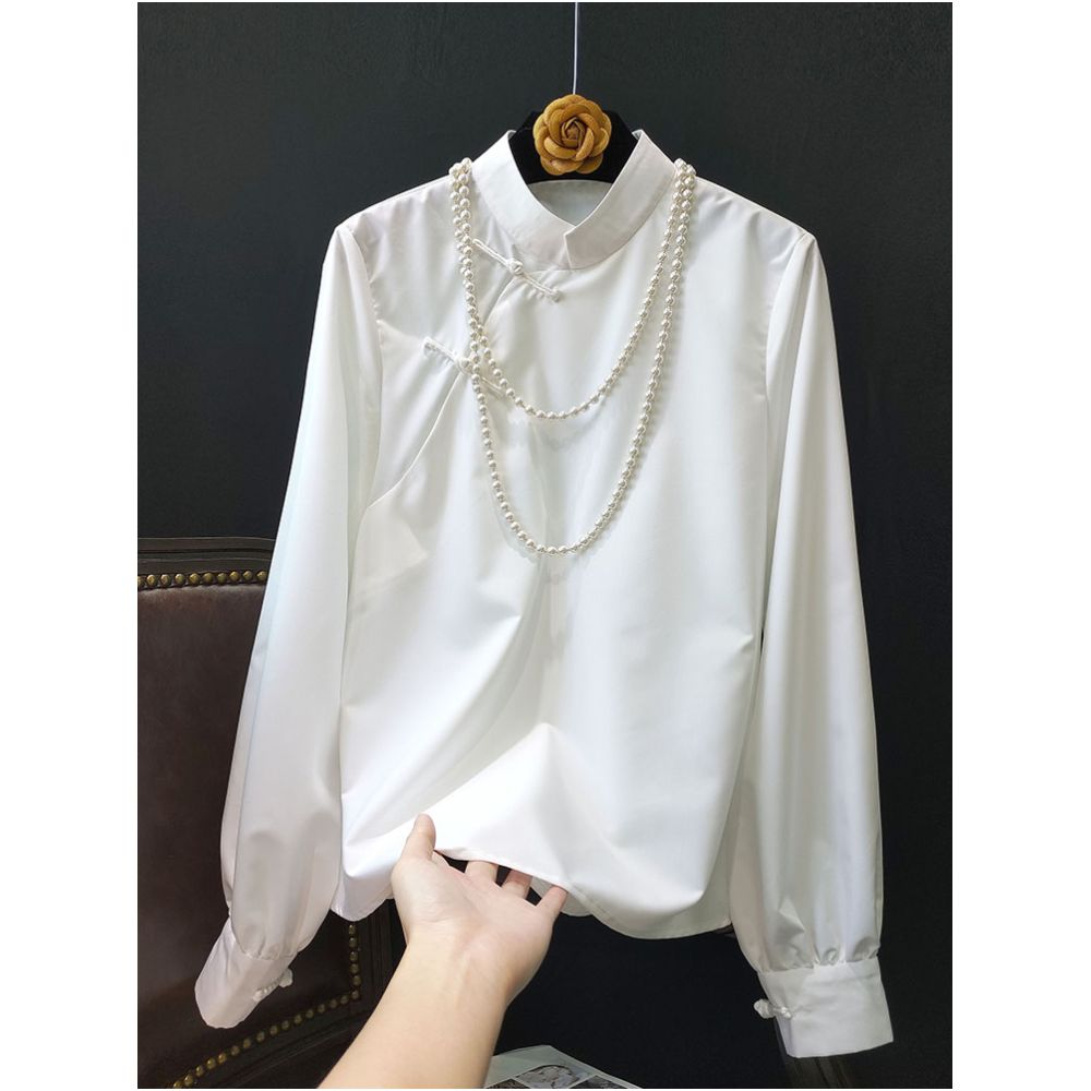 White pure cotton shirt women s 2025 spring new retro stand collar button long sleeve versatile casual top shirt image 0
