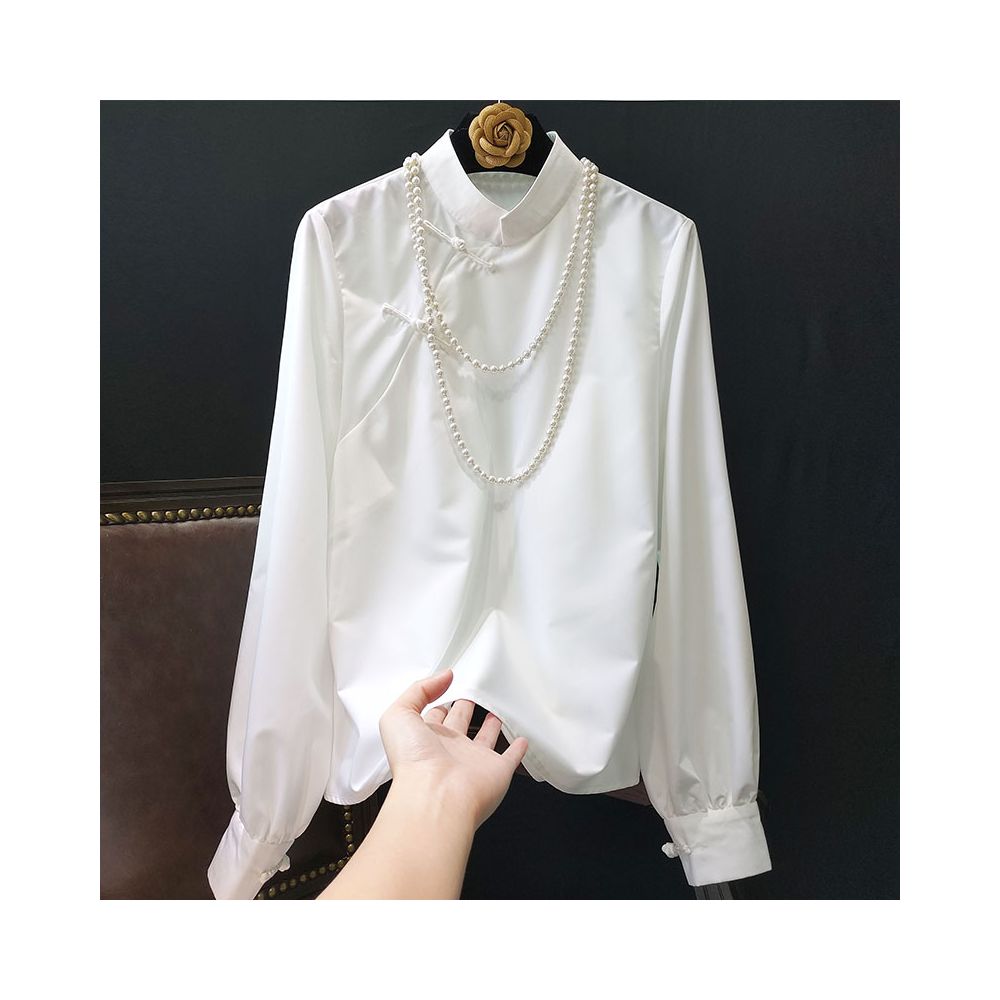 White pure cotton shirt women s 2025 spring new retro stand collar button long sleeve versatile casual top shirt image 13