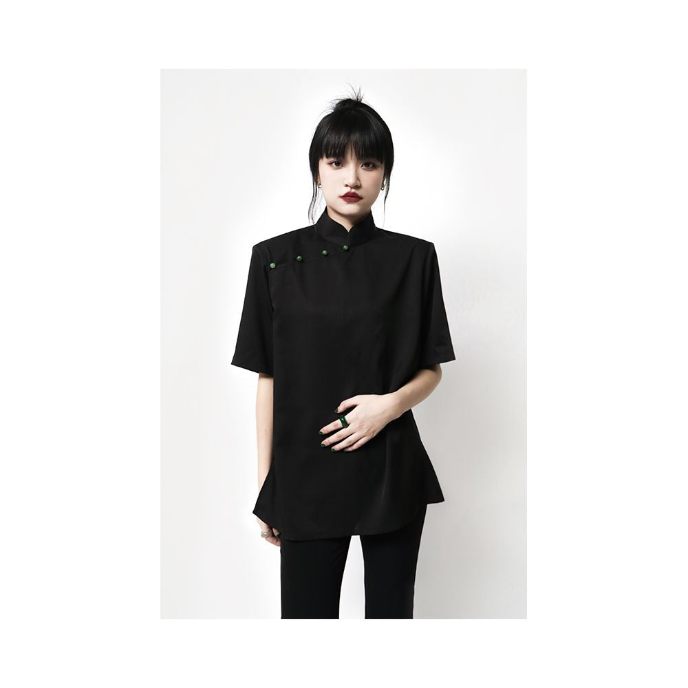 APOZi Ink Stain Series Black New Chinese style Stand up Collar Shoulder Cushion Short Sleeve Shirt for Women with a Design Sense and a Small Interest Summer Top image 2