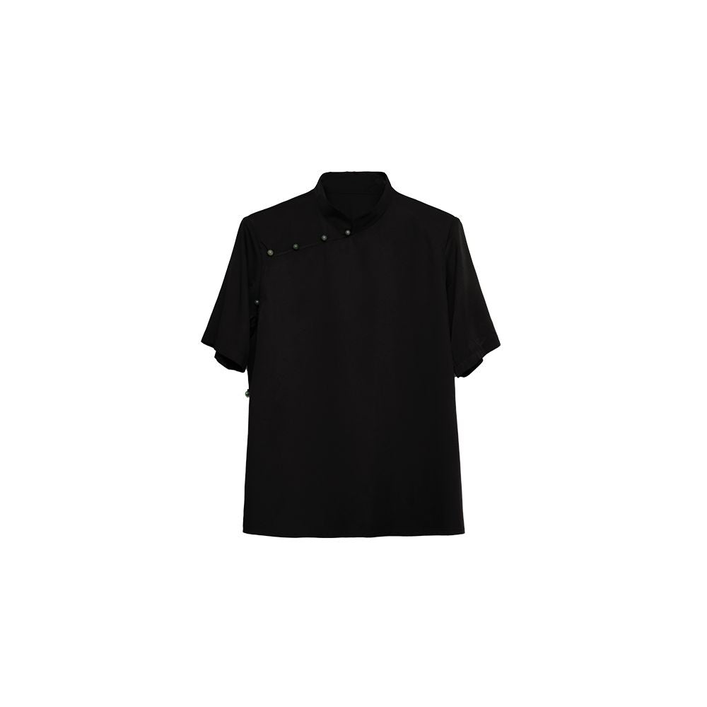 APOZi Ink Stain Series Black New Chinese style Stand up Collar Shoulder Cushion Short Sleeve Shirt for Women with a Design Sense and a Small Interest Summer Top image 5