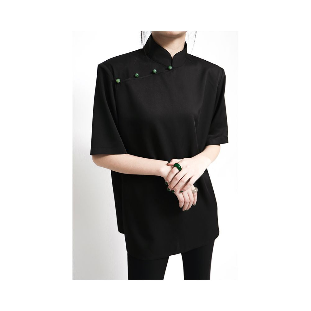 APOZi Ink Stain Series Black New Chinese style Stand up Collar Shoulder Cushion Short Sleeve Shirt for Women with a Design Sense and a Small Interest Summer Top image 9