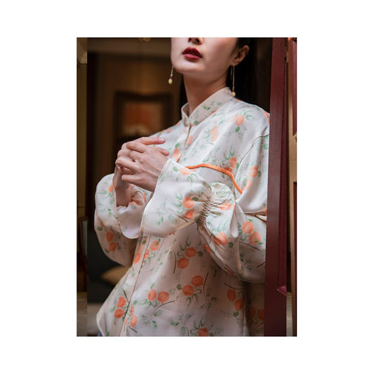 Asaya630 - Interface persimmon ruyi Japanese simulation silk spring drawstring design long sleeved printed shirt top for women