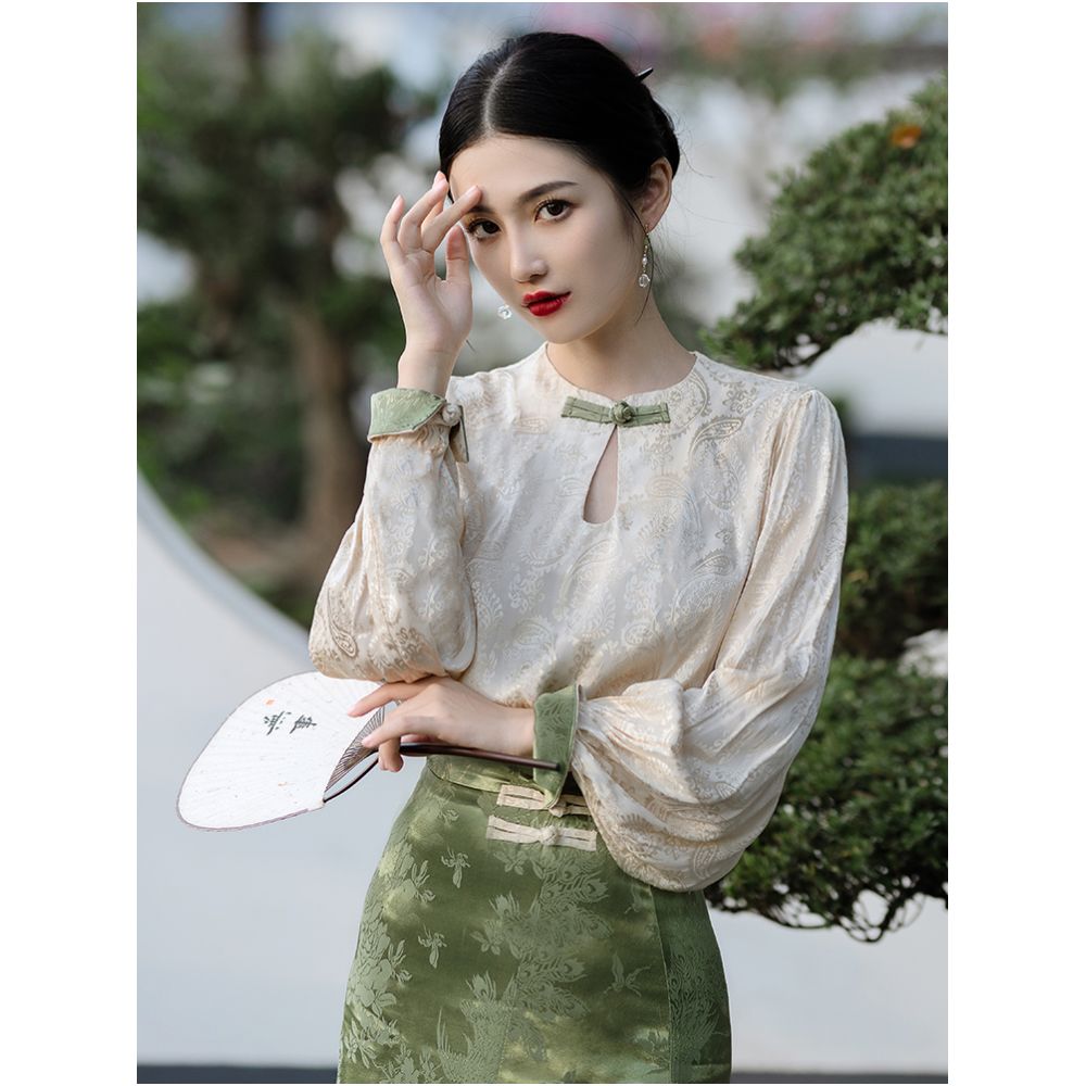 New Chinese style retro improved button down shirt cheongsam women s long sleeved jacquard top French skirt two piece set image 2