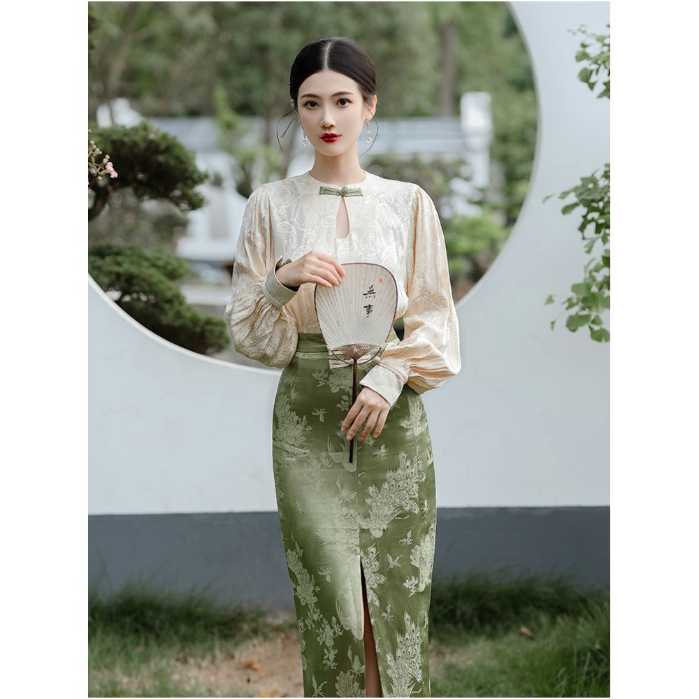 New Chinese style retro improved button down shirt cheongsam women s long sleeved jacquard top French skirt two piece set image 4