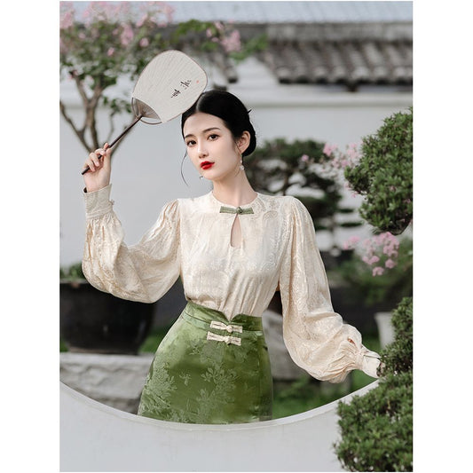 Asaya618 - New Chinese style retro improved button down shirt cheongsam women s long sleeved jacquard top French skirt two piece set