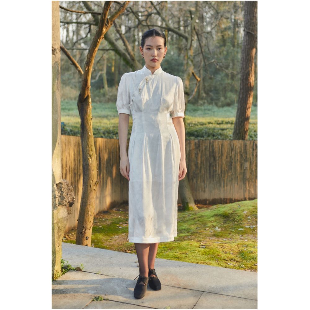 PaleBlueDot Original Design New Chinese White Jacquard Improved Cheongsam Dress Spring Summer image 2
