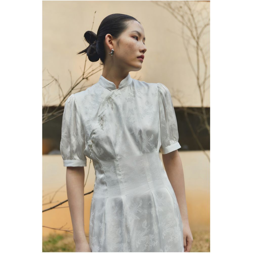 PaleBlueDot Original Design New Chinese White Jacquard Improved Cheongsam Dress Spring Summer image 4