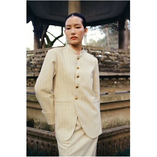 Asaya614   - PaleBlueDot Original Design New Chinese Striped Stand up Collar Zhongshan Suit Half Skirt Set