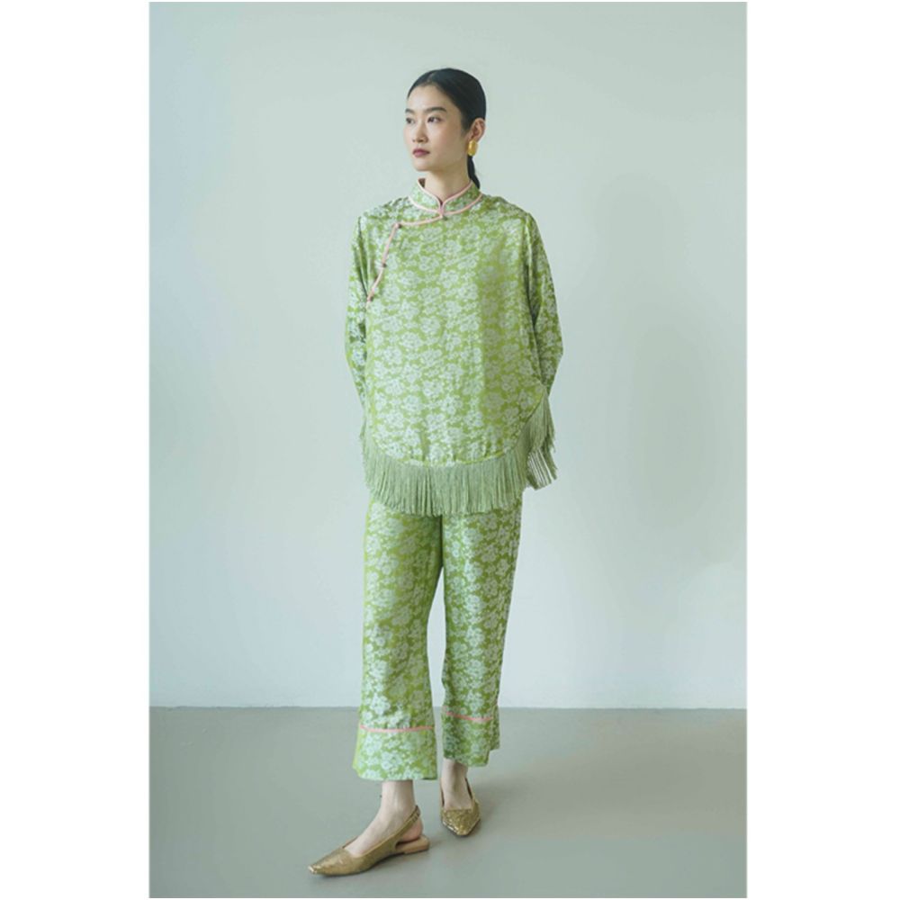 PaleBlueDot Original Design New Chinese Green Pink Jacquard Tassel Chinese Top and Pants Set image 4