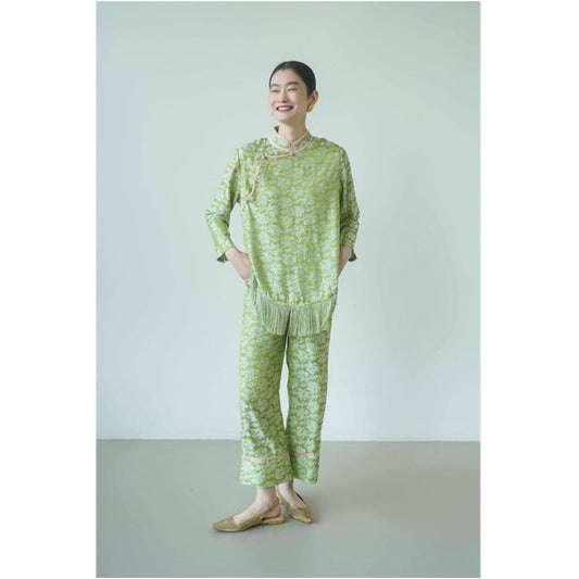 Asaya612  - PaleBlueDot Original Design New Chinese Green Pink Jacquard Tassel Chinese Top and Pants Set