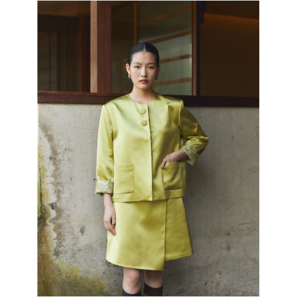 PaleBlueDot original design bright green glossy round neck suit jacket A line short skirt set autumn image 2