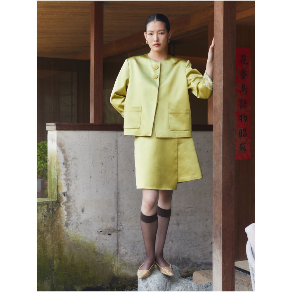 PaleBlueDot original design bright green glossy round neck suit jacket A line short skirt set autumn image 12