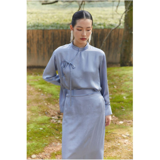 Asaya608  - Blue Dot Original Design New Chinese Blue Acetic Acid Asymmetric Half Body Skirt Spring