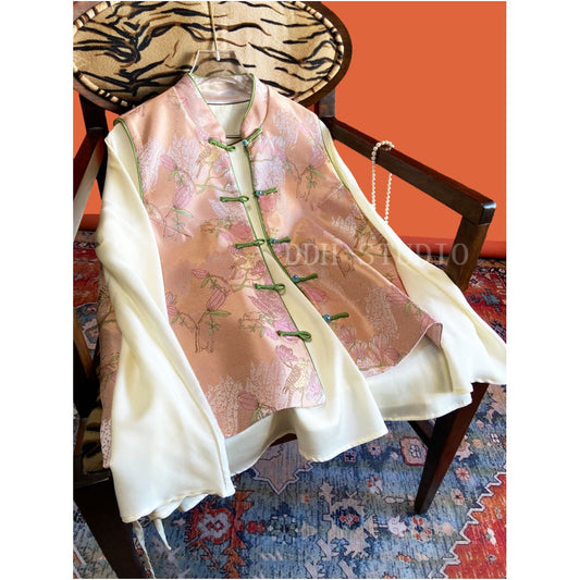 Asaya600 - New Chinese style national style improved Chinese style vest women s spring style satin plate buckle woven brocade retro stand up collar top