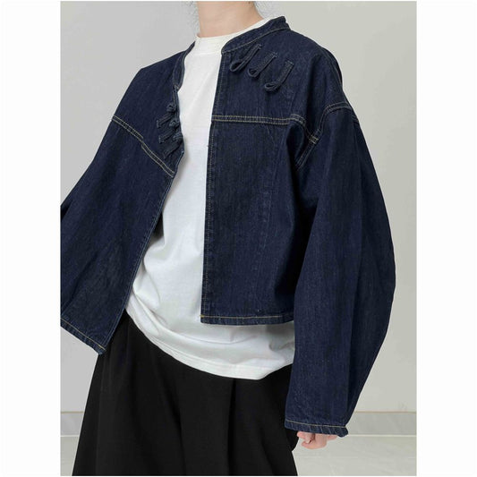 Asaya590 - In stock you are the love I hide in my heart Diagonal placket new Chinese style buckle denim jacket