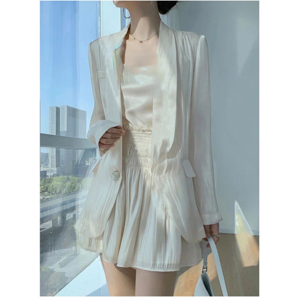 Light luxury autumn new style flowing light and colorful water and light sensation goddess three piece set green fruit collar suit high waist wide leg pants skirt pants image 30