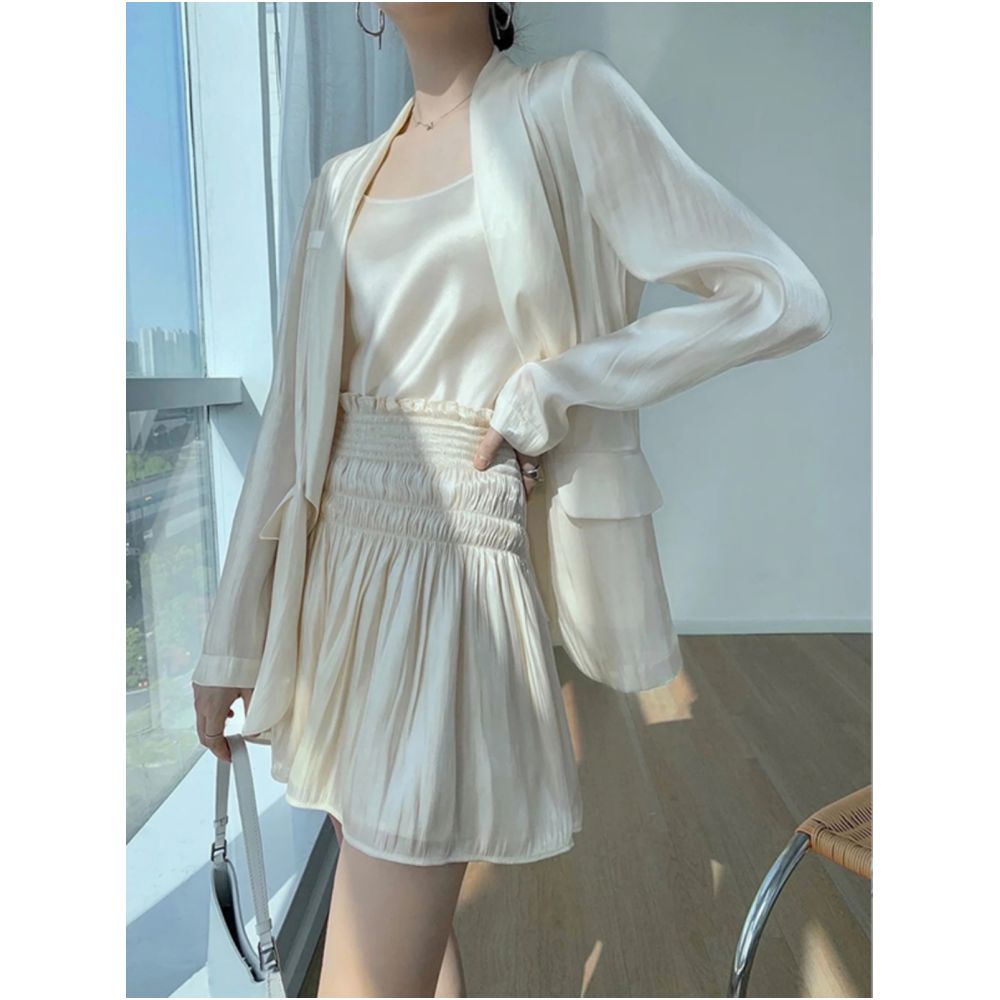 Light luxury autumn new style flowing light and colorful water and light sensation goddess three piece set green fruit collar suit high waist wide leg pants skirt pants image 0