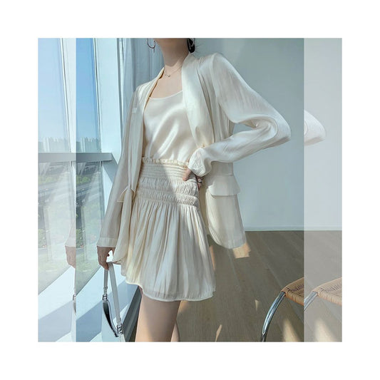 Asaya575  - Light luxury autumn new style flowing light and colorful water and light sensation goddess three piece set green fruit collar suit high waist wide leg pants skirt pants