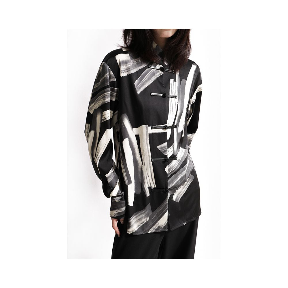 APOZi textured series unisex new Chinese style printed stand up collar button up shirt for spring and autumn new vintage shirt image 2