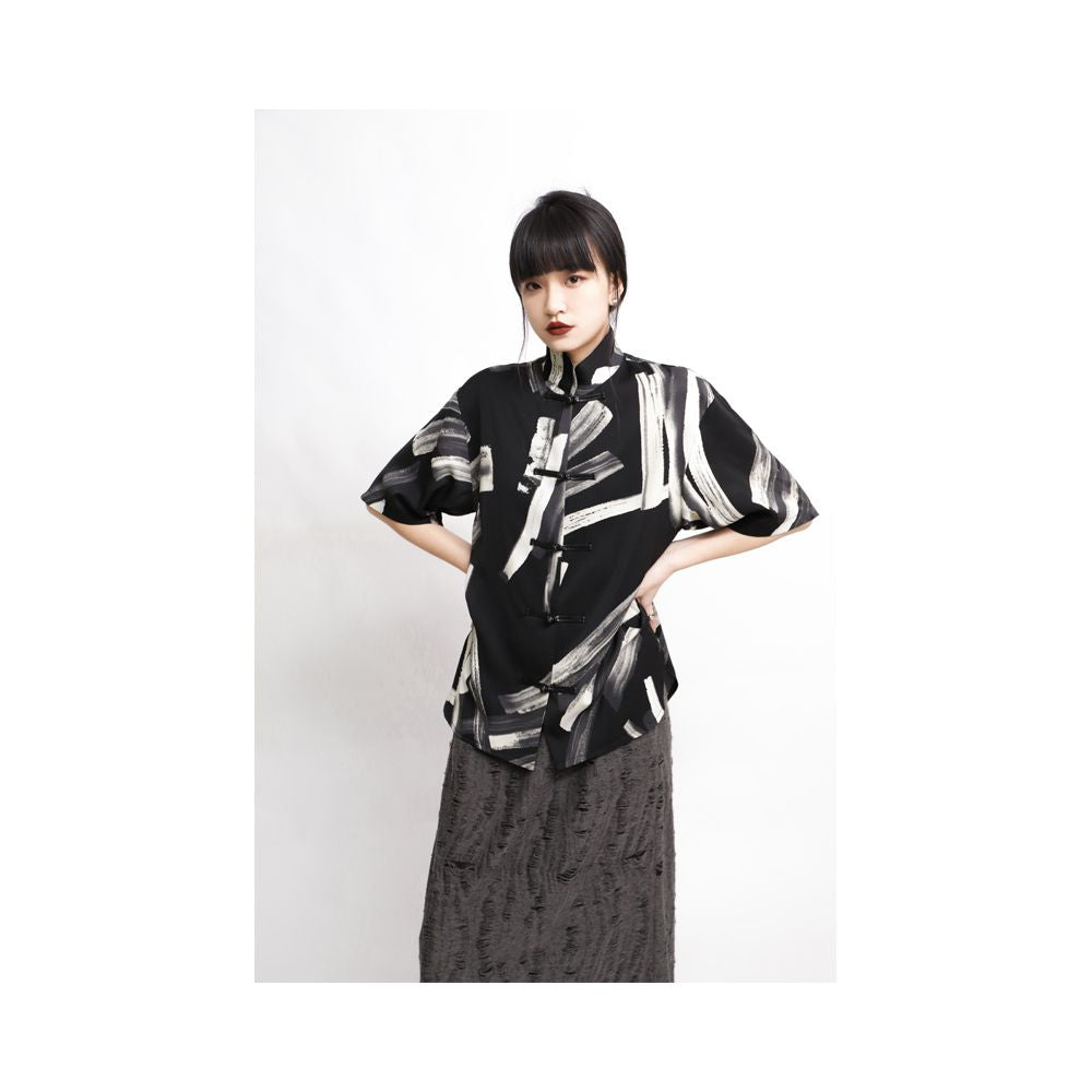 APOZi textured series unisex new Chinese style printed stand up collar button up shirt for spring and autumn new vintage shirt image 4