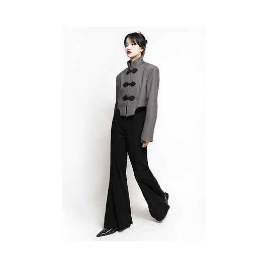 Asaya572 - APOZi Crepe Dyeing Series New Chinese style Pan Button Small Suit Short Tall Grey Stand up Collar Jacket for Women Autumn Collection