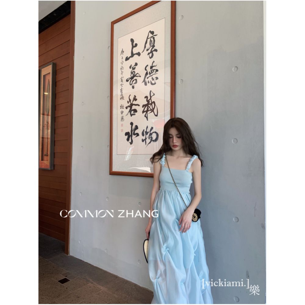 Home Spring New Korean CZ Square Collar Strap Clean Color Hooded Long Skirt Sleeveless High Waist Princess Skirt 62069 image 3