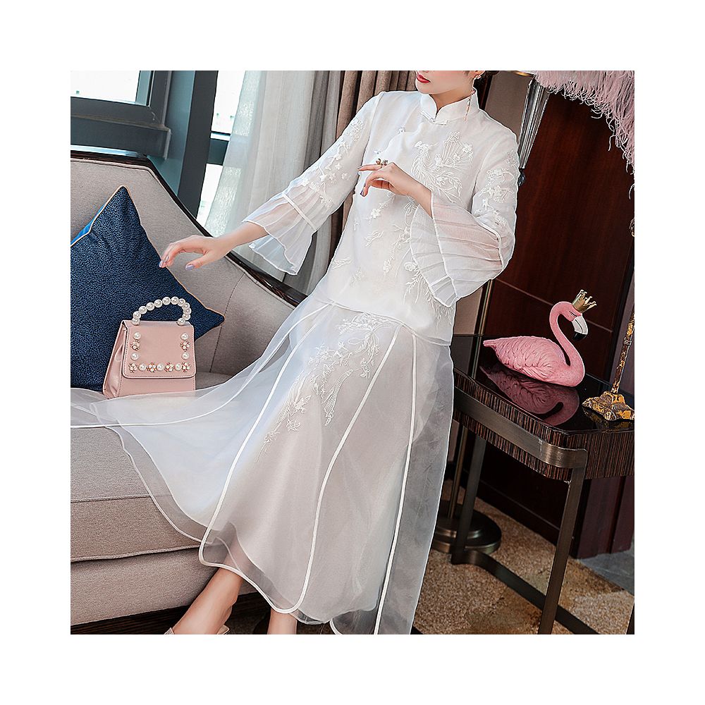 Cheongsam young Tang suit two piece set Hanfu women s Chinese style summer retro top Zen tea suit fairy atmosphere image 3