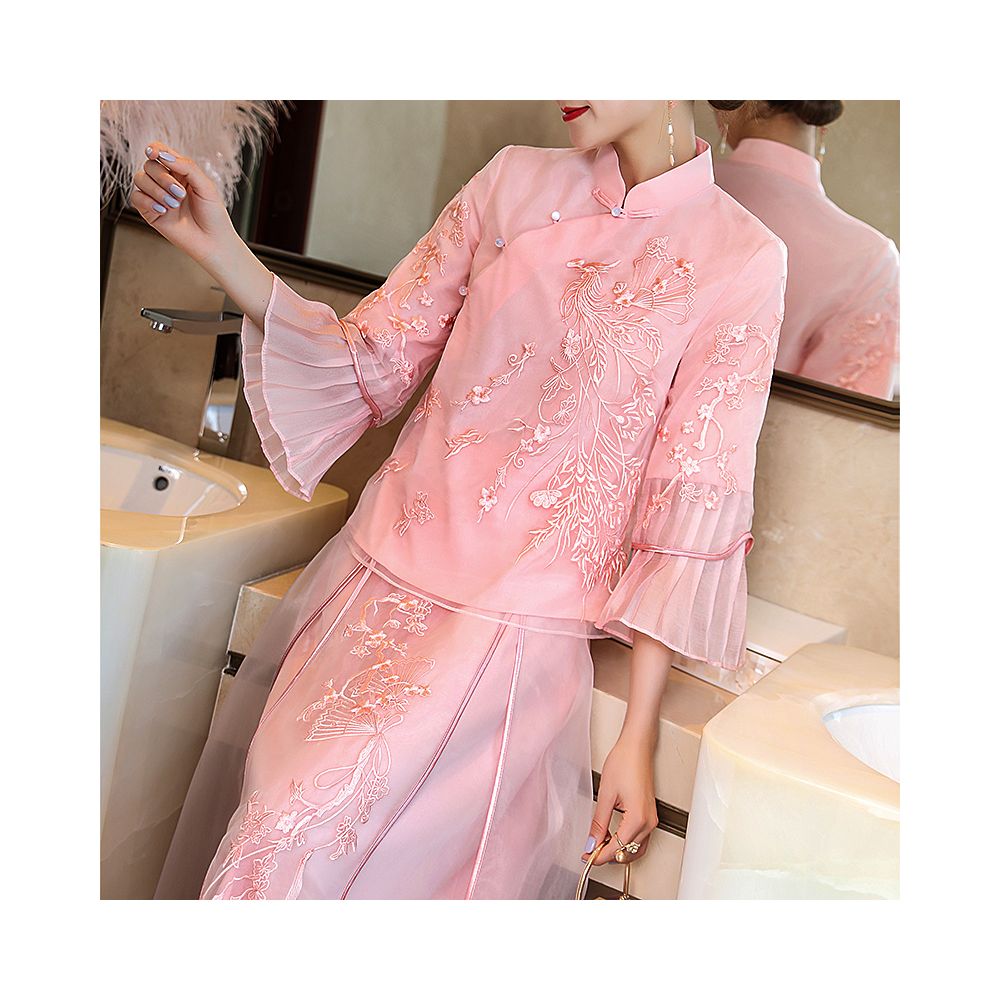Cheongsam young Tang suit two piece set Hanfu women s Chinese style summer retro top Zen tea suit fairy atmosphere image 4